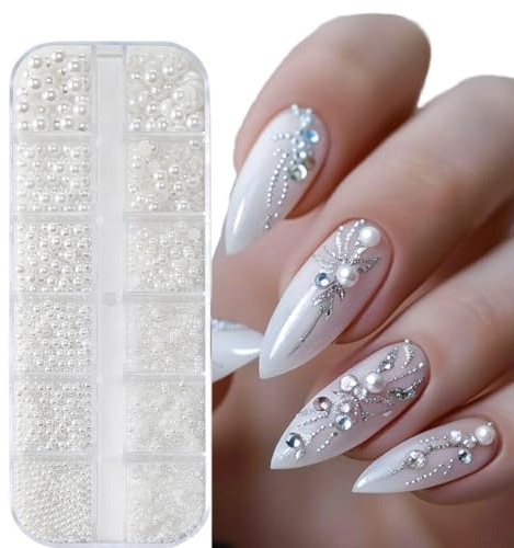 OHREN 1 Boîte,Nail Art Strass 12 Types de Perles Blanches Pour Ongles,Nail Charms,Flatback Rhinestones,Décoration d'Ongles,Petites Perles en Acier Inoxydable, Accessoires d'Ongles