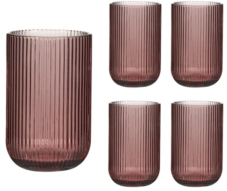 Dibor Set of 4 Ribbed Highball Tumbler Glasses 420ml Retro Mid-Century Modern Style Rippled Finish Dishwasher Safe Drinking Glasses Alfresco Dining Cocktail Tumbler Glass Glassware Set (Pink)