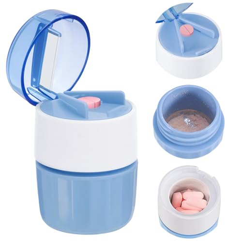 Tablettenteiler 3 in 1 Tablettenmörser Multifunktionaler Tablettenschneider Tragbar Tabletten Zerkleinern Pillenmahler mit Aufbewahrung Edelstahl-Mahlkopf für Tägliches 3-20mm Kleine Große Pillen Bla