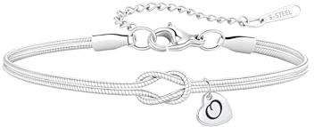 SAMORION Bracelets avec nœud initial pour femmes - Nœud d'amour en argent - Cadeau de Noël et d'anniversaire - Bijoux pour elle, filles - Pendentif en forme de cœur, adjustable, Acier inoxydable, Pas