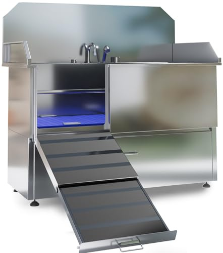 BATHKITS Dog Washing Station – 61 inch Professional 304 Stainless Steel Grooming Tub w/Ramp, Drawer, Faucet & Floor Grate, Dog Bathing Station for Large, Medium & Small Pets, 19 Leak-Proof Deep Soak