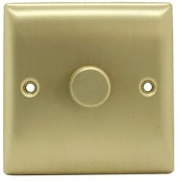 Britelite Single Dimmer Switch, 1 Gang 2 Way, Brushed Brass | Trailing-edge rotary control for LED and halogen bulbs; suitable for domestic and commercial use; zinc construction.
