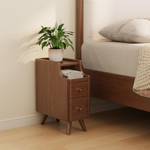 AQIMUELE Nachttisch Schmal, Holz-Beistelltisch mit 2 Schubladen, Nachtkästchen für Schlafzimmer, Wohnzimmer (Walnuss - Breite 20cm)