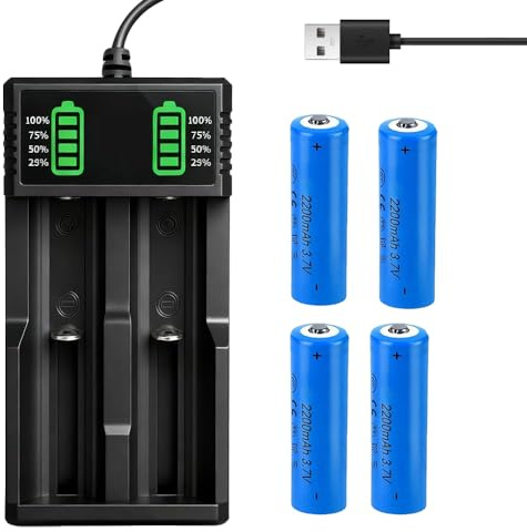 Dhqkqg Wiederaufladbarer 3,7V Akku mit Ladegerät, 4 Stück 2200mAh Wiederaufladbarer NIMH mit 1 Packung USB Akku Ladegerät, für Taschenlampe/Stirnlampen/Kamera/Kleinen Lüfter