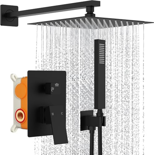 AILRINNI Système de Douche Encastré Noir - Colonne de Douche avec Mitigeur Encastrable, Ensemble de Douche avec Carrée Douche de Tête, Douchette, Corps en Laiton, Colonne Douche Salle de Bain