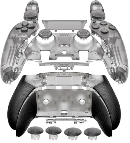 eXtremeRate Beyond-Arc Kit Complet de Coque et Boutons pour ps5 Edge | Coque Avant/Arrière pour ps5 Edge Manette Grip Antidérapant Caoutchouté,6-en-1 Joysticks de Remplacement-Noir Transparent