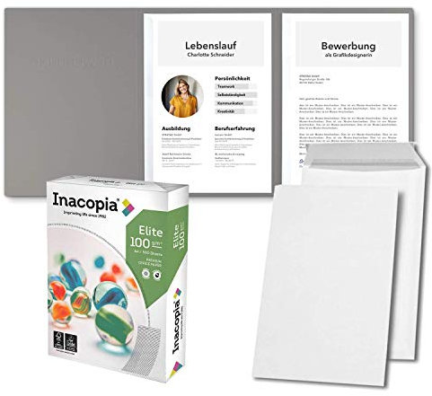 Bewerbungsset // 10 Stück 3-teilige Bewerbungsmappen Grau + 250 Blatt 100 g/m² Premium Bewerbungspapier + 10 Stück B4 Versandtaschen in Weiß - Das ultimative Bewerbungsmappen-Bundle - All inkl.