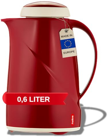 Helios Wave Thermoskanne Dunkelrot 0,6L - 6h Heiß - Hält Getränke heiß & kalt - Spülmaschinenfest – Leichter, robuster Kunststoffmantel – Ideal für Kaffee & Tee, Rot