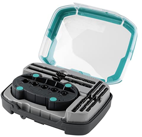 wolfcraft Universalbohrer-Set mit accumobil Bohrhilfe I 1000000 I Das praktische Einsteiger-Set zum Bohren senkrechter Löcher - mit Bohrbuchsen und Positionierungslinien, inklusive 5Universalbohrern