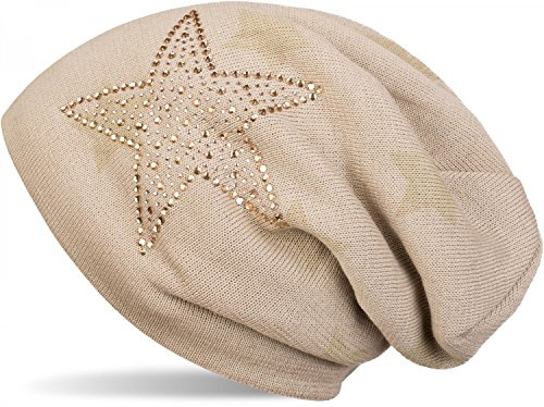styleBREAKER Unisex Beanie Strass Stern Fleece Futter 60cm | Thermo Inlay. elastisches Material. Bundweite 26cm. Höhe 27cm. Einheitsgröße. winterfest. weiche Haptik.