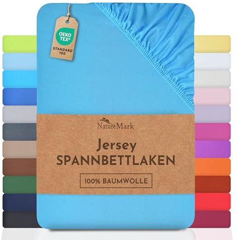 NatureMark Sábana Bajera Ajustable de Jersey, 100% algodón en Muchos tamaños y Colores, 180 x 200 cm - 200 x 200 cm, Turquesa