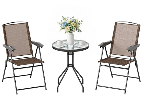 Outsunny Ensemble de Jardin 3 pièces 2 chaises inclinables Multi-Positions Pliables + Table Ronde Verre trempé métal textilène Chocolat