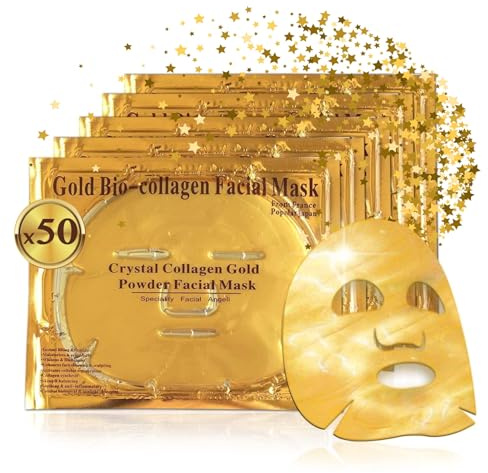 Crystal Collagen Gold Gel Gesichtsmaske 24k - Luxus Anti-Aging Gel Maske, Tuchmaske - Feuchtigkeitsspendend & verjüngend - reduziert Feine Linien, Augenringe & geschwollene Augen (Stück:50)