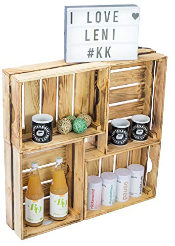 Kistenkolli Altes Land Set om 4 grönsakslådor, stapellådor, stapellådor, trälåda, vinlådor, fruktlådor, hållbar, FSC-certifierad (set om 4, 30 x 40 x 15, flammad)