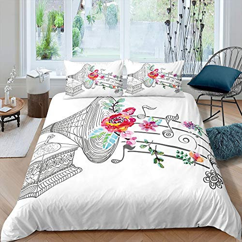 Homewish Phonograph Trösterbezug Floral Tie Dye Bettwäscheset Rotierende Musik Bettbezug Für Kinder Mädchen Frauenskizze Böhmische Grammophon Bettwäsche Mit 1 Kissenbezug 135×200 Grau Rot Grün