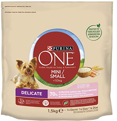 PURINA ONE Mini Small Delicate Trockenfutter für Erwachsene Hunde mit Lachs und Reis, 6 Beutel à 1,5 kg