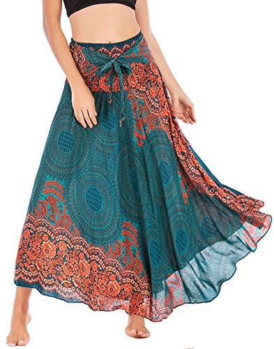 FEOYA Mujer Maxi Falda de Playa 2 en 1 Bohemio Vestido Grande Swing Vacaciones Primavera Verano Estilo Étnico Largas Enaguas Informales
