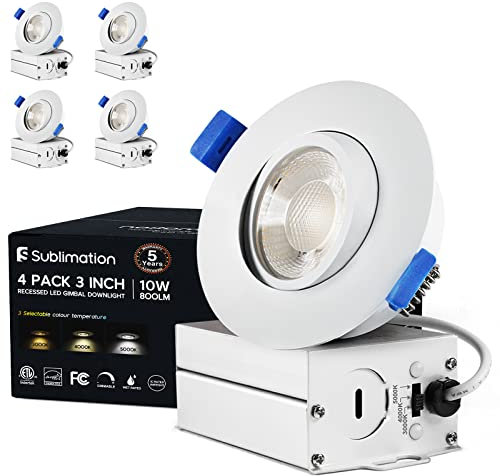Sublimation 4 Packs 3 Inch Gimbal Led Recessed Light with Junction Box 10w,Waterproof recessed Lights for Shower,3 Colors Adjustable,Suitable for Bathroom,Parlor,Bedroom,Kitchen,Balcony