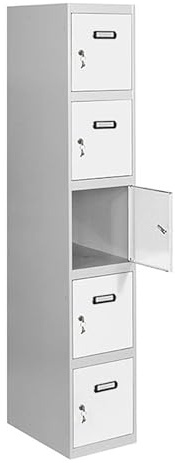 SimonRack Taquilla Vestuario Metálica, 5 Puerta, Incluye Llave, 1800x300x500 mm, Gris/Blanco - SimonLocker