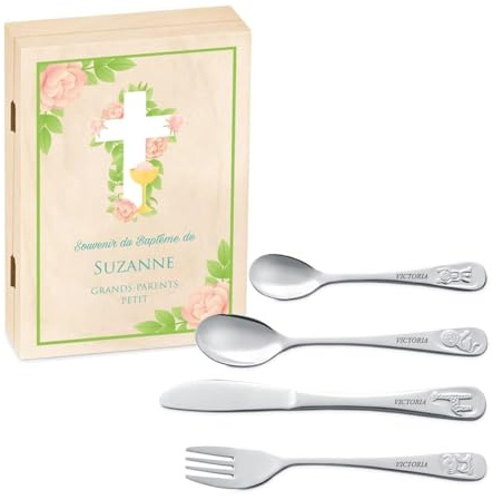Maverton Set de couverts de table personnalisé dans boîte en bois imprimée - couvert bebe - Thème Animal - Cadeau bapteme fille - Pour filles - Cadeau bébé - Coutellerie gravée - fleurs