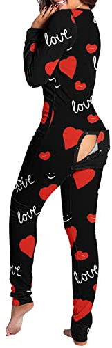 Pyjama long en coton pour femme avec rabat pour fesses - Combinaison avec boutons - Combinaison fonctionnelle avec rabat boutonné - Pour adulte - Pyjama douillet à manches longues, B2 rouge., L