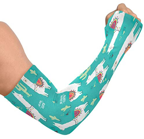 Gartenarmhülsen für Frauen, niedliches weißes Lama, Alpaka, Kaktus, Bauernhof, Verteidigung, Eisseide, Armstulpen mit Daumenloch, Sonnenschutz, Armkühlung, Ärmel, Mehrfarbig, Einheitsgröße