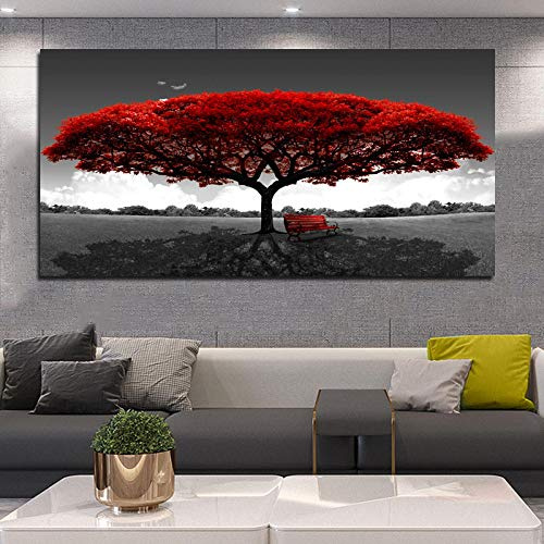 Rumlly Quadro su Tela Poster Stampa Moderna Albero Rosso Panchina Dipinti di Paesaggi per Soggiorno Immagini Decorative in Bianco e Nero 90x180 cm Senza Cornice