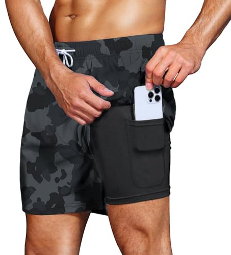 HMIYA Badehose Herren 2 in 1 Badeshorts Schwimmhose Schnelltrocknend Kurz Boardshorts mit Kompression und Reißverschlusstaschen(Camouflage M)