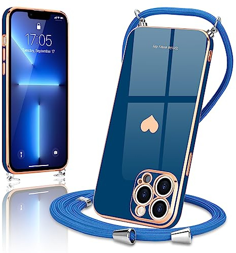 Wirvyuer Handyband Kompatibel mit iPhone 13 Pro Handyhülle Necklace Hülle mit Band zum Umhängen Kameraschutz Liebesherz Schutzhülle mit Halsband Silikon Umhängetasche für iPhone 13 Pro Blau