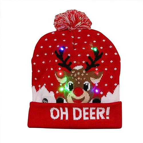 LED Weihnachtsmütze, Leuchtende Strickmütze Bommelmütze Damen Kinder Winter Weihnachten Beanie Mütze mit Weihnachtsbäume Schneemänner Muster Warme Weihnachtsmützen Mütze für Kinder Erwachsene
