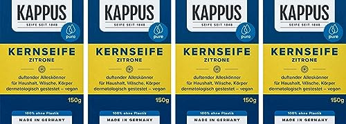 4er Pack Kappus Kernseife - Kappus Kernseife Zitrone – 4er Pack (4×150 g) – Vegane Kernseife mit frischem Zitronenduft – Kosmetik & Haushaltsseife – ohne Mikroplastik, dermatologisch getestet