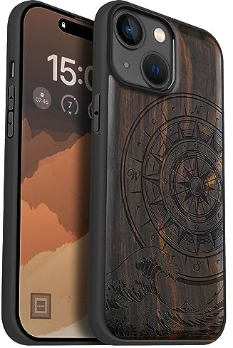 Carveit Holz Handyhülle für iPhone 15 Handyhulle kompatibel mit MagSafe Massivholz für Apple 15 Handyhülle Stoßfeste Stoßstange Weich TPU hulle（Dunklesholz-Der Kompass vor Kanagawa Waves）. | Holz Cover kompatibel MagSafe Silikon Stoßfeste Case, Magnetisch Hull für iPhone 15 Handyhulle