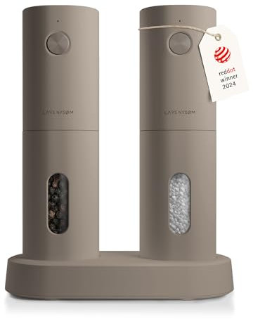 LARS NYSØM Juego de Molinillos Eléctricos de Sal y Pimienta | Molinillos Automáticos con Molino de Cerámica Ajustable | Recargables por USB (Taupe Brown)