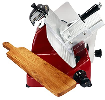 Berkel Aufschnittmaschine Pro Line XS 25 in rot - Profi Allesschneider für Ihre Küche + handgefertigtes Fassholzbrett Unikat inkl. schönes Servierbrett aus Fassholz
