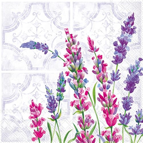 20 Servietten Blumen Lavendel auf Fliesenmuster als Tischdeko. Papierservietten mit Motiv. Auch für Decoupage und Serviettentechnik 33x33cm