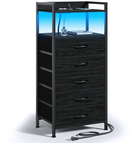 Furnulem Night Stand with Charging Station, Tall Black Dresser for Bedroom, Nightstand with Led Light, Bed Side Table for Living Room, Fabric Storage Drawer, Metal Frame, Wood Furniture