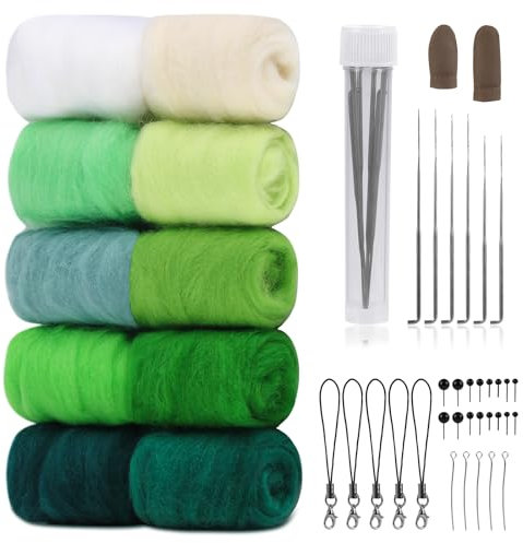 10 Colours Wool 100g Filzwolle, Nadelfilzset mit Roving Wolle in grüner Serie, Wolle zum Nadelfilzen, Wollroving-Kit mit Filznadeln Werkzeugen, Nadelfilzsets für Anfänger
