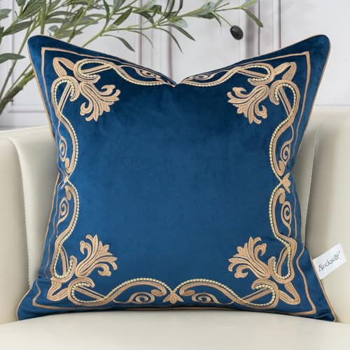 Aeckself Federa per cuscino con motivo floreale europeo, 45,7 x 45,7 cm, in velluto ricamato, decorativo, per divano, camera da letto, soggiorno, blu navy e oro