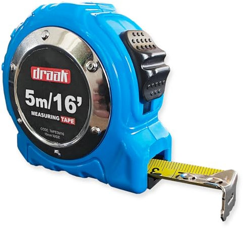 DRAAK Tape Measure, 5m/16ft, Thumb Lock, Button Stop, Belt Clip, Hand Strap, Metric and Imperial