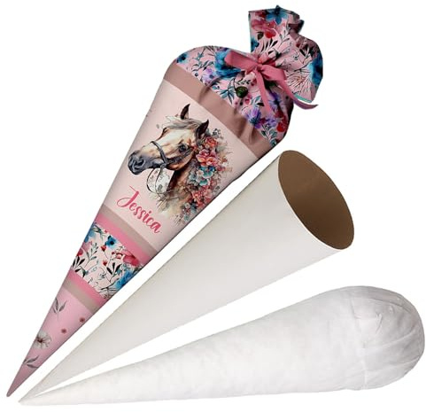 Mädchen Schultüte Pferd mit Blumen aus Stoff Personalisierte Tüte 70 cm Zuckertüte mit Namen runde Papprohling und Füllung aus Silikonkügelchen große Tüte als Kissen
