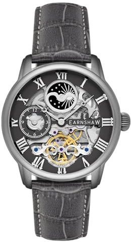 Thomas Earnshaw Automatisk skelettklocka för män med läderrem ES-8006 44 mm lång, Svart, Klassisk