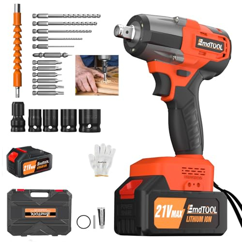 AUTOFU Cordless Impact Wrench High Torque 600N.m, 1/2 Power Battery Impact Gun w/ 6.0Ah Battery, 4 Sockets, 12 Drill Accessories, Storage Tool Box & Variable Speeds for Car Home