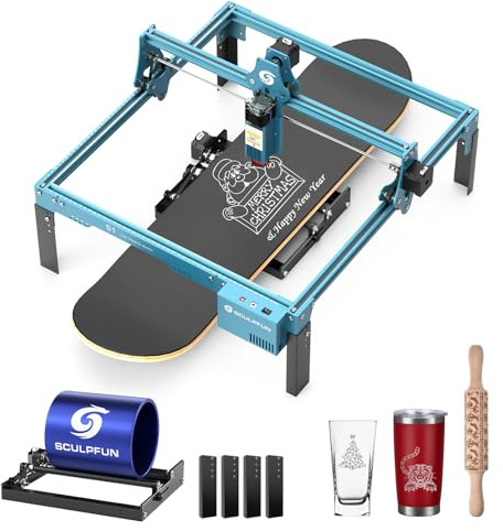 SCULPFUN S1 30 W Lasergravurmaschine, 5.5 W Laserleistung Lasergravur Maschine mit Laser-Rotationswalze, Schnelles und Präzises Laser Cutter, Herstellung von 3D-Holzpuzzles