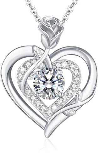 LAVUMO Moissanite Halskette Damen Silber 925 Herz Rose Schmuck Geschenke | Kette Damen Gold/Rosegold/Silber Doppel Rose Anhänger Weihnachten Valentinstag Geburtstag Geschenke für Frauen Freundin Mama