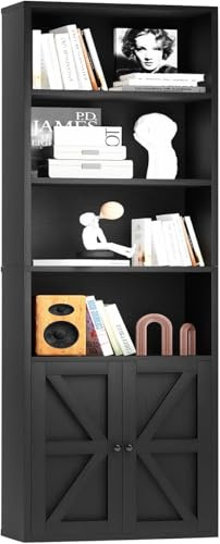 oneinmil Bücherregal, Bücherregal Schwarz mit 2 Türen aus Holz, Bücherschrank Hoch mit 6 Ebenen, Küchenschrank, Standregal, für Wohnzimmer, Schlafzimmer, Büro, Arbeitszimmer