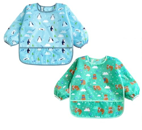 Bavoirs Bebe avec Manches, Lot de 2 Etanche Bavoir à Manches Longue pour Bébé alimentation Imperméable Blouse Tablier 3 a 24 Mois, Bavoir Etanche à Manchs Longue Tablier d'Alimentation de Jeu