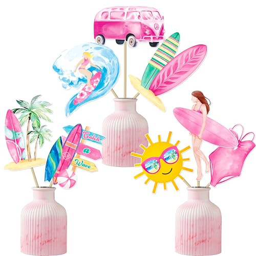 30pcs Summer Surf Centerpieces Sticks Vintage Surfing Birthday Party Centerpiece Decorations for Girls Pink Surfboard Surf Van Theme Table Toppers for Hawaii Beach Surf Party Baby Shower Supplies
