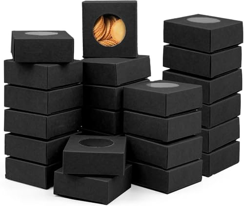 100 Boîtes Papier Kraft Marron avec Fenêtre, 3 x 3 x 1,2 Boîtes pour Mini Cookies, Savon, Truffes au Chocolat, Pâtisseries, Donuts, Macarons, Bonbons (Noir)