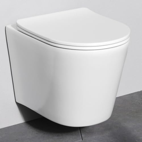 AM.PM Spike – WC suspendu mural sans bord avec siège de toilette SoftClose – WC mural suspendu sans rebord de chasse d'eau, WC suspendu sans rebord en céramique, WC pour invités, blanc