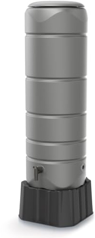 Regentonne Standfuß & Wasserhahn – Regentank Schmal mit Deckel, Regenfass Kunststoff HDPE Wetterfest, Wassertank Säule 110L Grau
